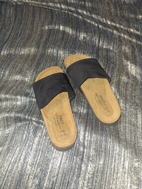 Naot Black Slide Sandals with Tan Footbed
